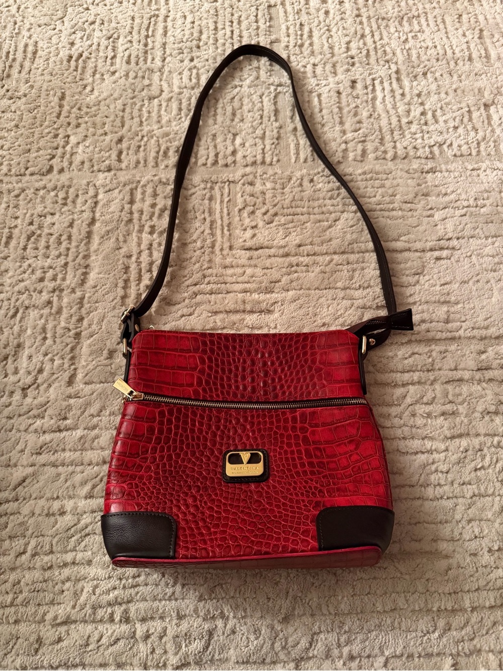 Valentina Red Croc-Embossed Crossbody with Black Trim